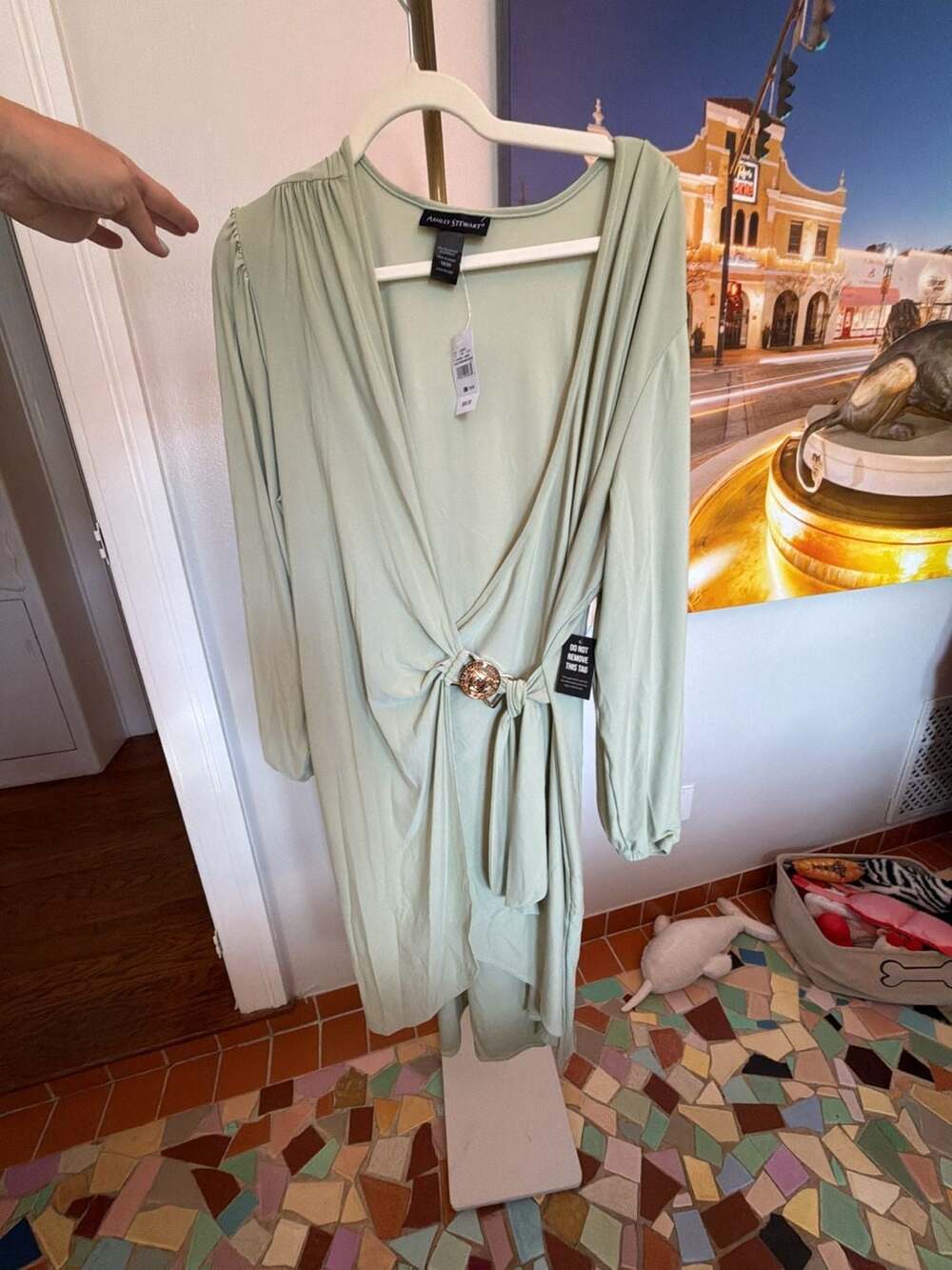 Ashley Stewart Sage Green Long Sleeve Deep V-Neck Twist Front Dress With Hardwar